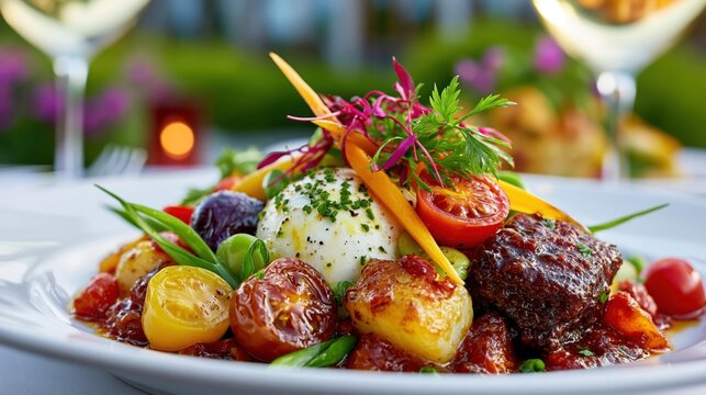 Rustic burrata vegetable plate with roasted cherry tomatoes baby potatoes herbs and garnish served with greens for restaurant menu design and food blog background