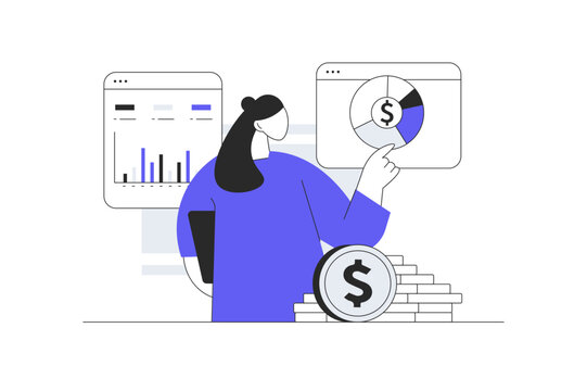 Financial Revenue Analytics and Income Data Statistics. Female Specialist Presenting Pie Chart Diagram near Money Stack and Analytics Dashboard. Flat Cartoon Vector Illustration, icon Stylish abstract