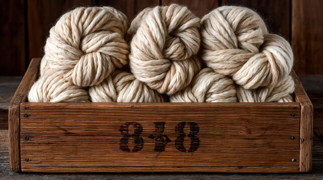Natural wool skeins arranged in a numbered rustic wooden crate for knitting background and cozy interior styling