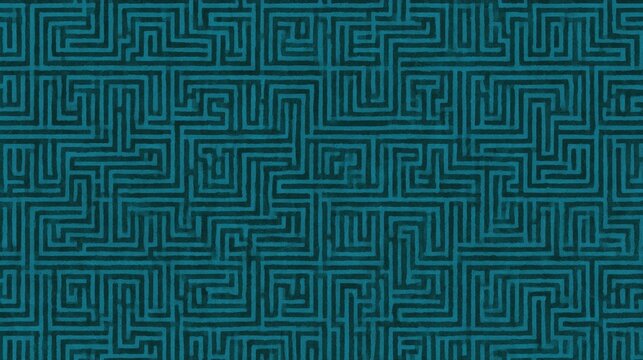 Textured deep teal handmade maze pattern with irregular angular pathways for fabric and surface design background and seamless repeat