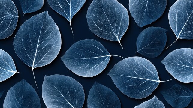 Seamless veined leaf pattern in deep blue tones for elegant botanical background and wallpaper design