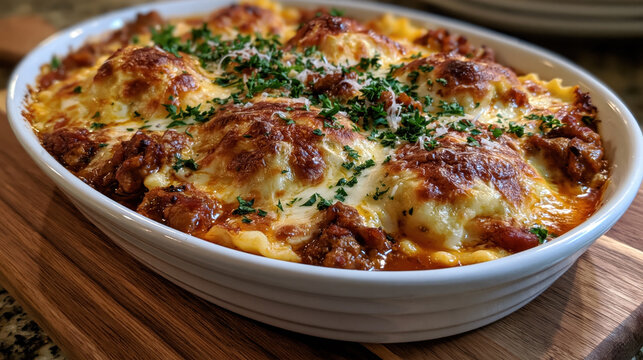 Baked beef lasagna casserole with melted mozzarella and rich tomato sauce for restaurant menu food blog banner and background design