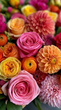 Vibrant close up mix of pink orange and yellow roses ranunculus and dahlias for floral background and editorial wallpaper design