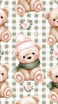 Seamless pastel teddy bear pattern with gingham check background and floral accents for baby nursery wallpaper and fabric design