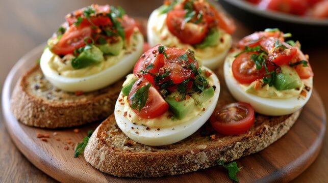 Deviled egg and avocado toast with cherry tomato slices on wholegrain bread for menu design and recipe blog banner or background