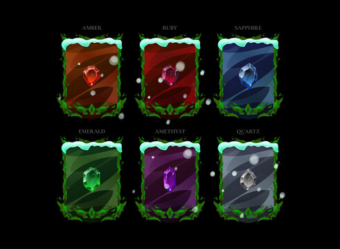 Festive Christmas fantasy trading card collection featuring colorful gemstone cards, snow-covered leaf frames, winter decorations, and seasonal RPG game UI assets. Perfect for collectible card games,