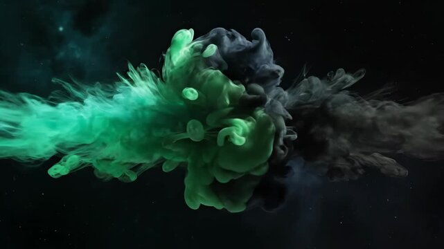Swirling Dual-Color Cosmic Smoke with Neon Green and Dark Mist in Abstract Motion