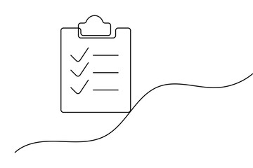 Obraz premium Clipboard checklist continuous line art featuring checkmarks, document lines, and single line drawing. Vector illustration.