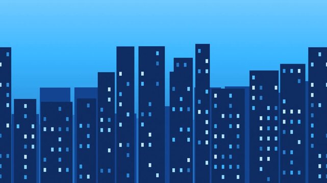 City skyline silhouette parallax, seamless loop motion background, deep blue