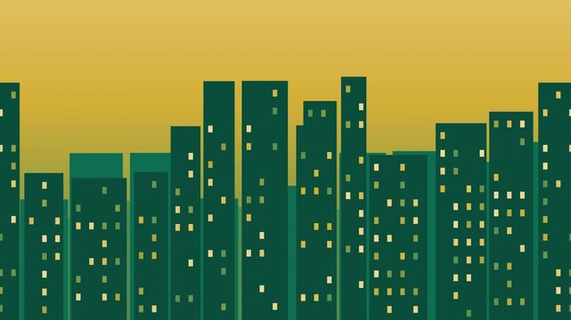 City skyline silhouette parallax, seamless loop motion background, emerald gold