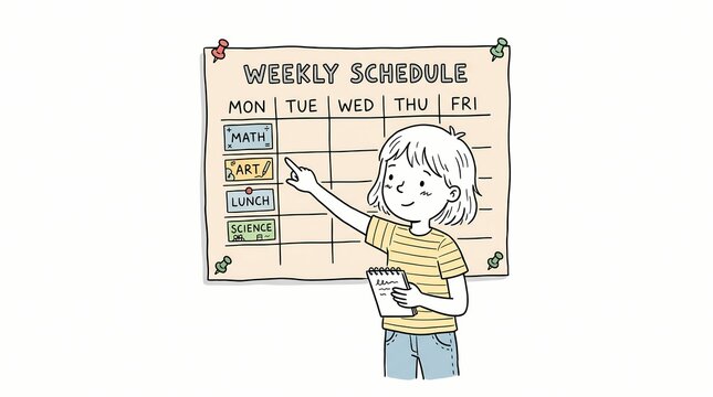 Hand-drawn weekly schedule illustration, cute girl pointing at school timetable, educational planning and time management concept