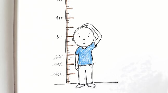Hand-drawn illustration of a young boy measuring height on a wall chart, child growth progress tracking, cute sketch of kid and ruler