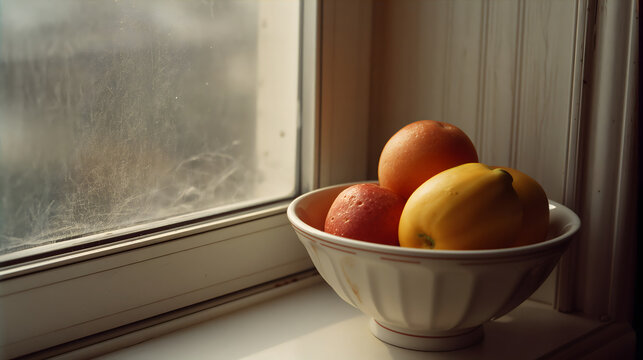 Bowl of ripe summer fruit on a windowsill evoking fresh nostalgic mood generative AI