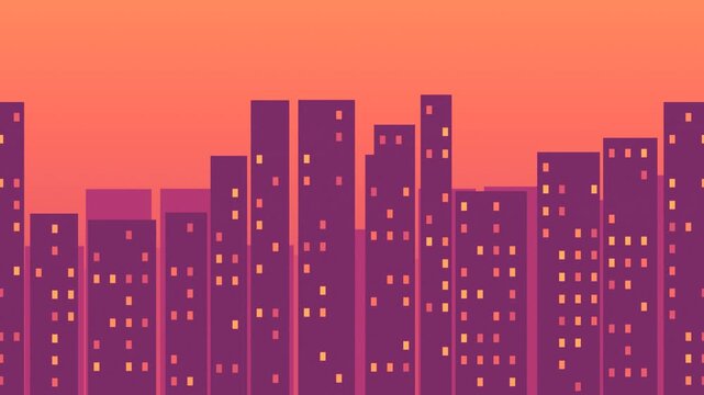 City skyline silhouette parallax, seamless loop motion background, sunset coral