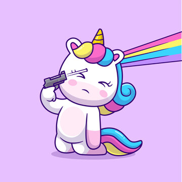 Cute Unicorn Holding Gun Pistol Rainbow Cartoon