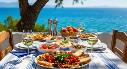 Fototapeta premium Mediterranean feast featuring fresh vegetables tomatoes bread and crisp white wine served on an outdoor seaside terrace during a bright summer day with crystal blue ocean views and natural sunlight