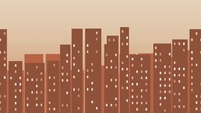 City skyline silhouette parallax, seamless loop motion background, warm earth tones