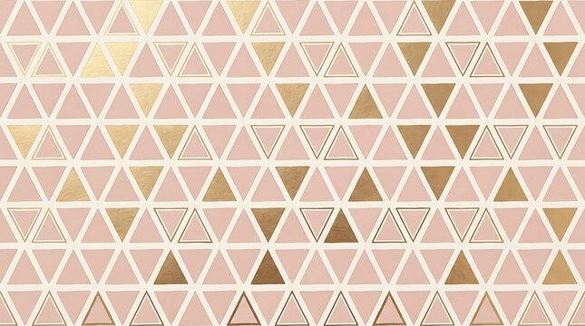 Seamless geometric pattern with triangles in soft pink and metallic gold on a white background