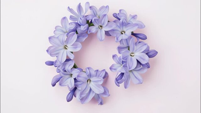 Hyacinth flowers forming a circular frame on a pink background symbolizing spring and delicate nature beauty
