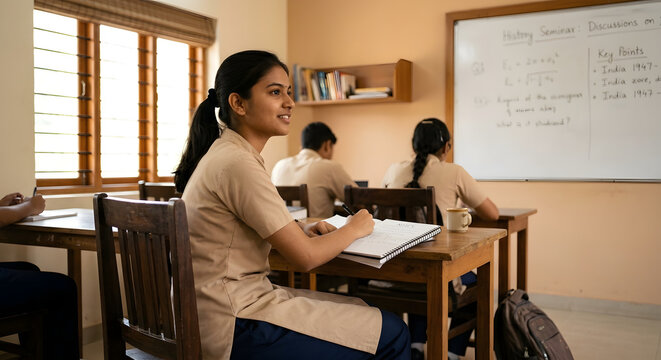 Young indian school students attending a class in a sunny room