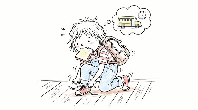 Stressed schoolboy rushing in morning, child tying shoelaces while eating toast, student worried about missing school bus