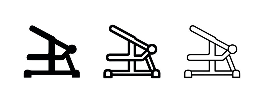 Roman chair back extension machine icon set in three styles including solid, thick outline, and thin line art