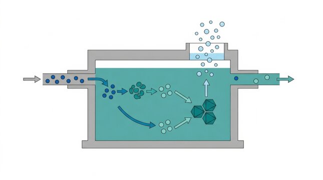 The sewage purification steps in a wastewater treatment plant. It illustrates how water is treated and released.