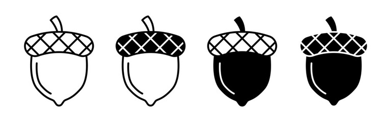 A collection of four distinct acorn icons featuring both outline and solid black styles. © drawnbybert