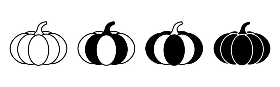 A set of four pumpkins showing a gradient of fill from outline to solid black.