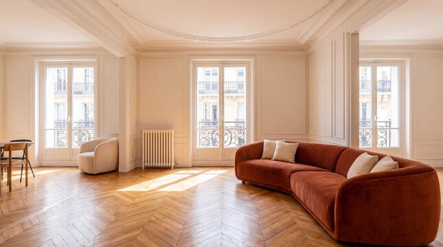 Elegant Parisian apartment living room with terracotta sofa and herringbone parquet floor