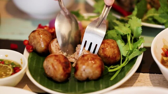Grilled Thai Isan Fermented Sausages Served on Banana Leaf