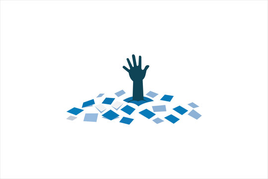 Hand reaching out for help while drowning in a pile of papers. Vector illustration for work overload, stress, and bureaucracy concept.