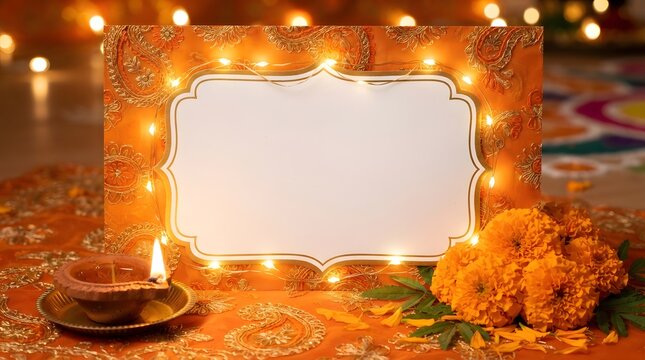 Diwali festival background with a blank frame, traditional oil lamps, marigold flowers, and warm fairy lights, perfect for festive greetings and invitations