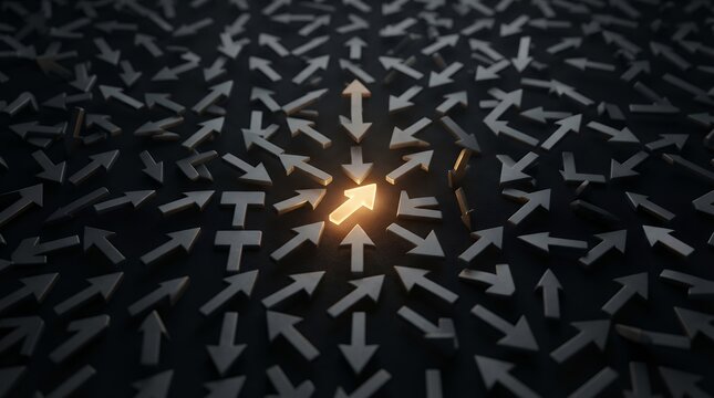 Glowing arrow pointing forward among dark chaotic arrows, concept of leadership and unique business direction, standing out from the crowd