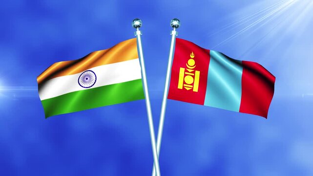 India and Mongolia Flag Relations Concept with Crossed National Flags Waving on Pole Loop Against a Bright Cloudy Sky