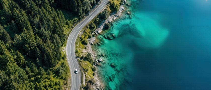 car driving on winding coastal highway between dense pine forest and clear turquoise sea in aerial view