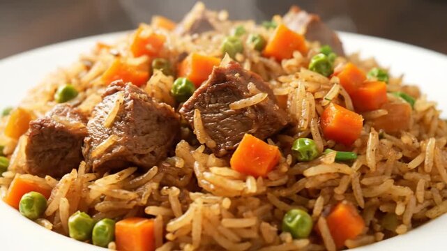 Delicious savory pilaf (Plov) served on a white plate, featuring seasoned rice, tender chunks of meat, diced carrots, and green peas. Close-up food photography.