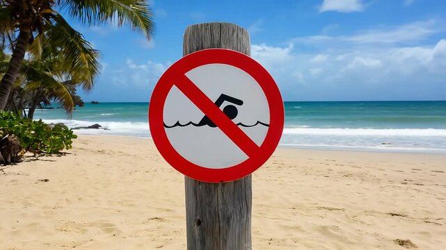 No swimming sign on the beach.
