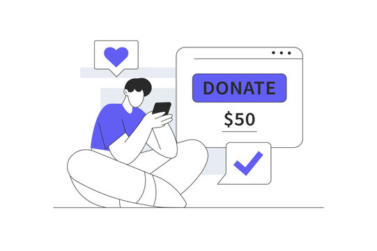 Mobile Charity Donation and Online Fundraising Campaign. Male Character Using Smartphone near Donate $50 Window and Approved Check. Flat Cartoon Vector Illustration icon Stylish abstract design landig