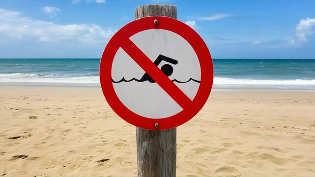 No swimming sign on the beach.
