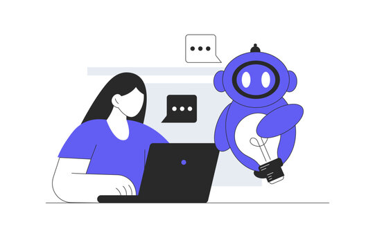 Smart Chatbot Assistant and Automated Customer Service Help. Female Specialist Working on Laptop with Friendly Robot Holding Lightbulb. Flat Cartoon Vector Illustration, icon Stylish abstract design 