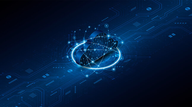 The concept of cloud computing and future data center technology. Digital storage servers on blue circuit boards. High-speed server connectivity for big data processing.