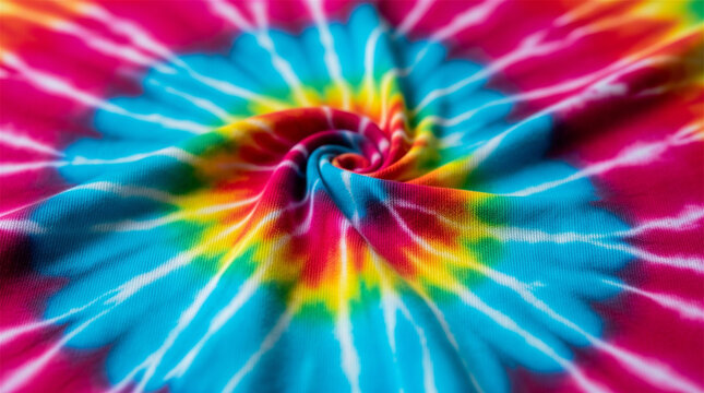 Tie-dye fabric features a colorful spiral pattern in vibrant shades of red, blue, and yellow.