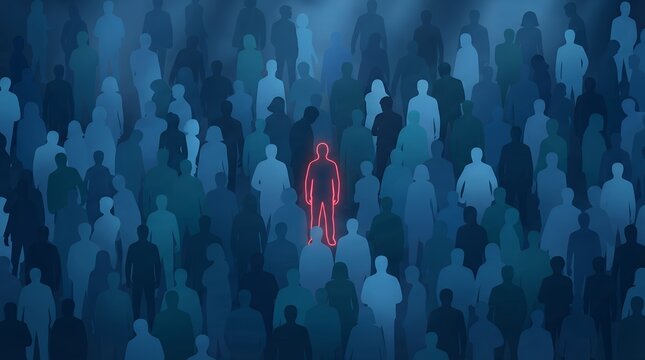 Glowing red silhouette standing out in crowd, unique individual among blue people, concept of leadership and nonconformity