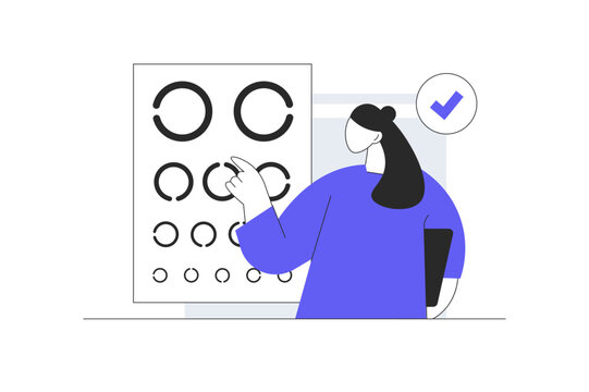 Optical Examination and Ophthalmologist Vision Checkup Service. Female Specialist Pointing at Eye Chart with Approved Check Mark. Flat Cartoon Vector Illustration, icon Stylish abstract design landing