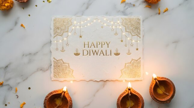 Happy diwali greeting card with golden mandala and fairy lights on white marble background with traditional diya lamps