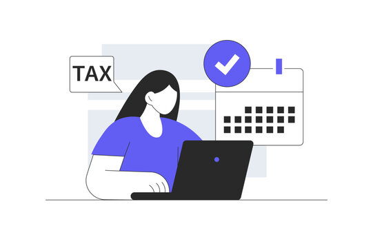 Corporate Taxation Planning and Fiscal Report Deadline Control. Female Specialist Working on Laptop with TAX Badge and Calendar Planner. Flat Cartoon Vector Illustration, icon Stylish abstract design 