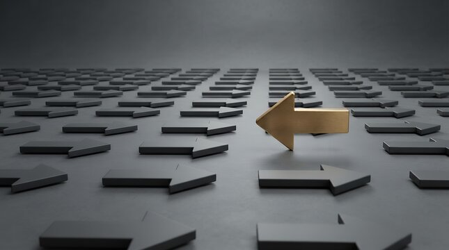 Golden arrow pointing in opposite direction of black arrows, concept of unique business leadership and standing out from the crowd