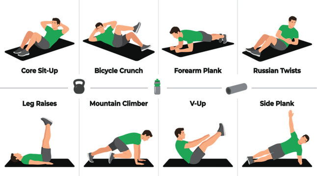 Core workout exercises infographic set with man doing sit up plank crunch leg raise vector illustration icon collection