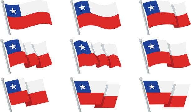 Chile national flag waving on pole set vector illustration icon collection for independence day and country patriotic celebration